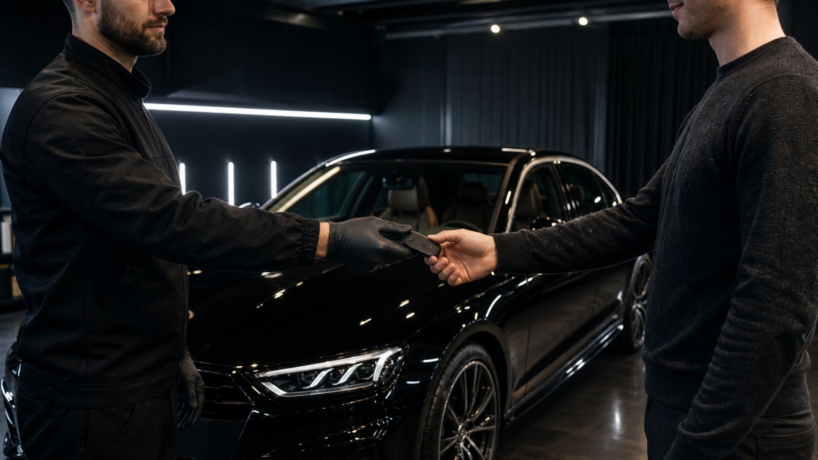 Persönliche Fahrzeugübergabe an einen Gold Car Kunden nach der Autoaufbereitung